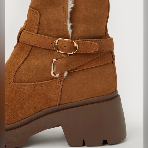 Steve Madden Colletta lug-sole buckle booties camel suede faux-fur lining Fall - Picture 5 of 15